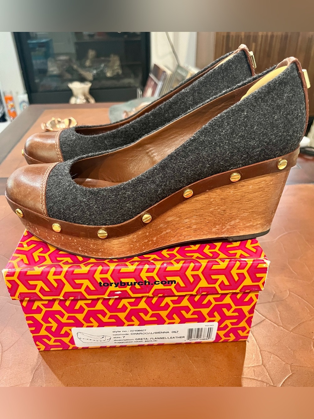 Tory Burch Charcoal Flannel and Brown Leather Studded Wedges
